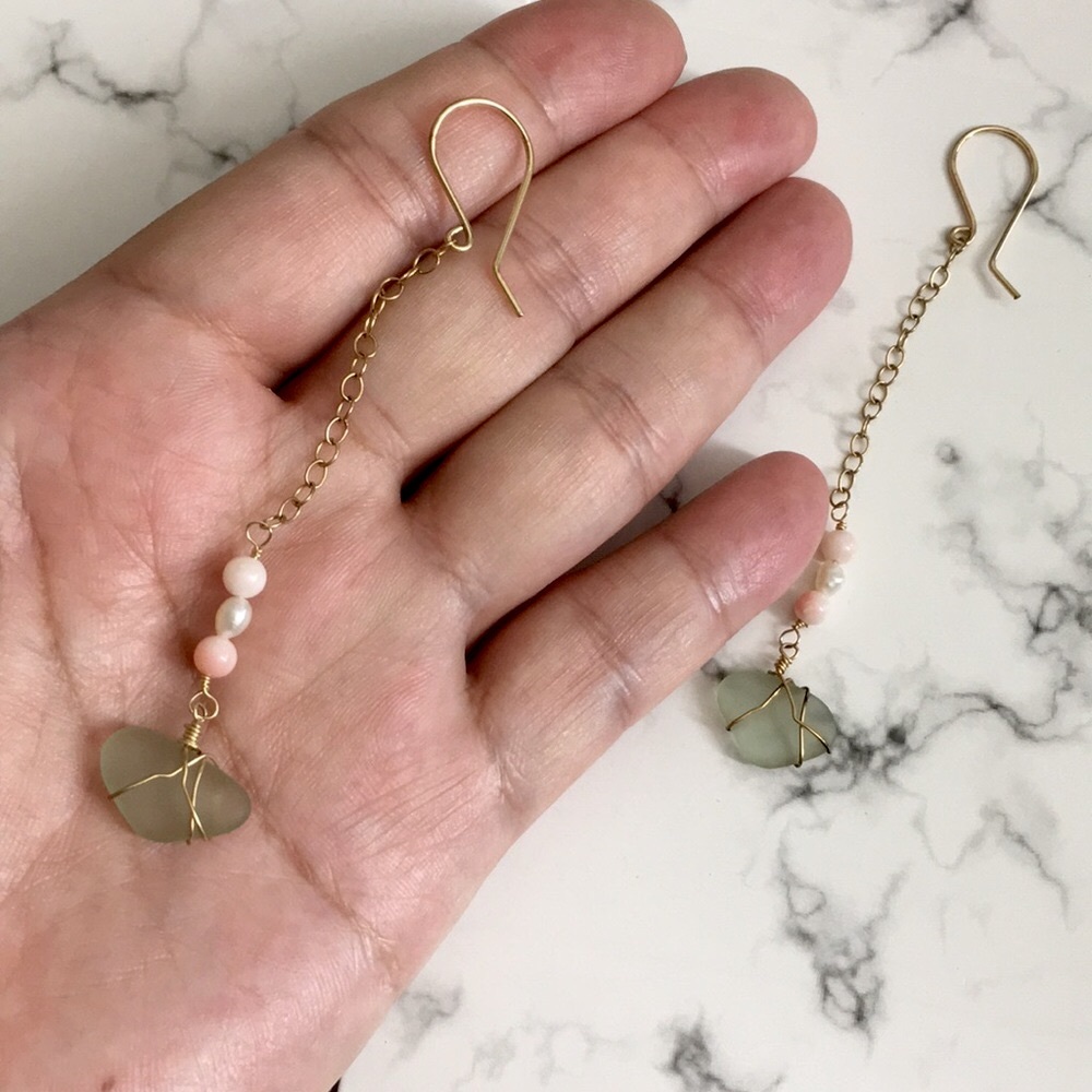 🖤Handmade seaglass pearl coral earrings - Picture 2 of 8